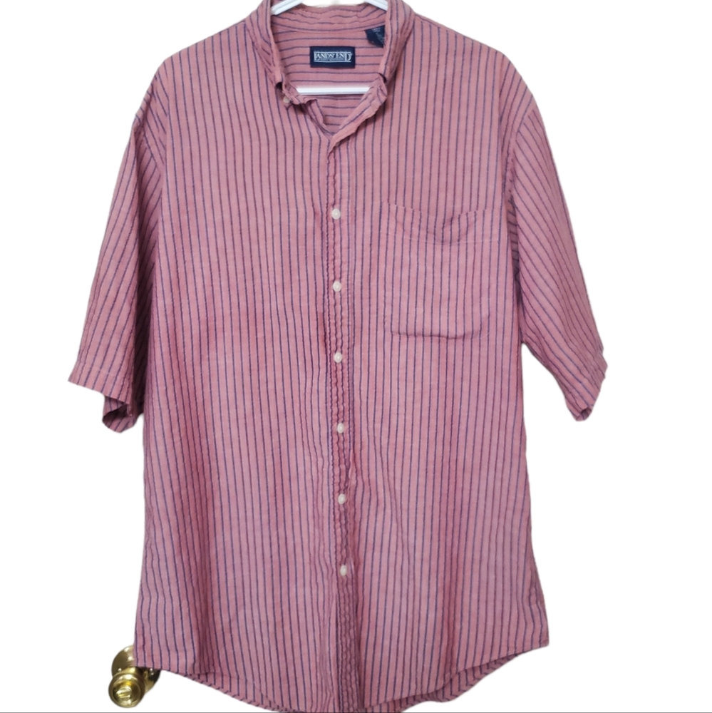 Men's size tall large Lands' End salmon & blue striped short sleeved button down